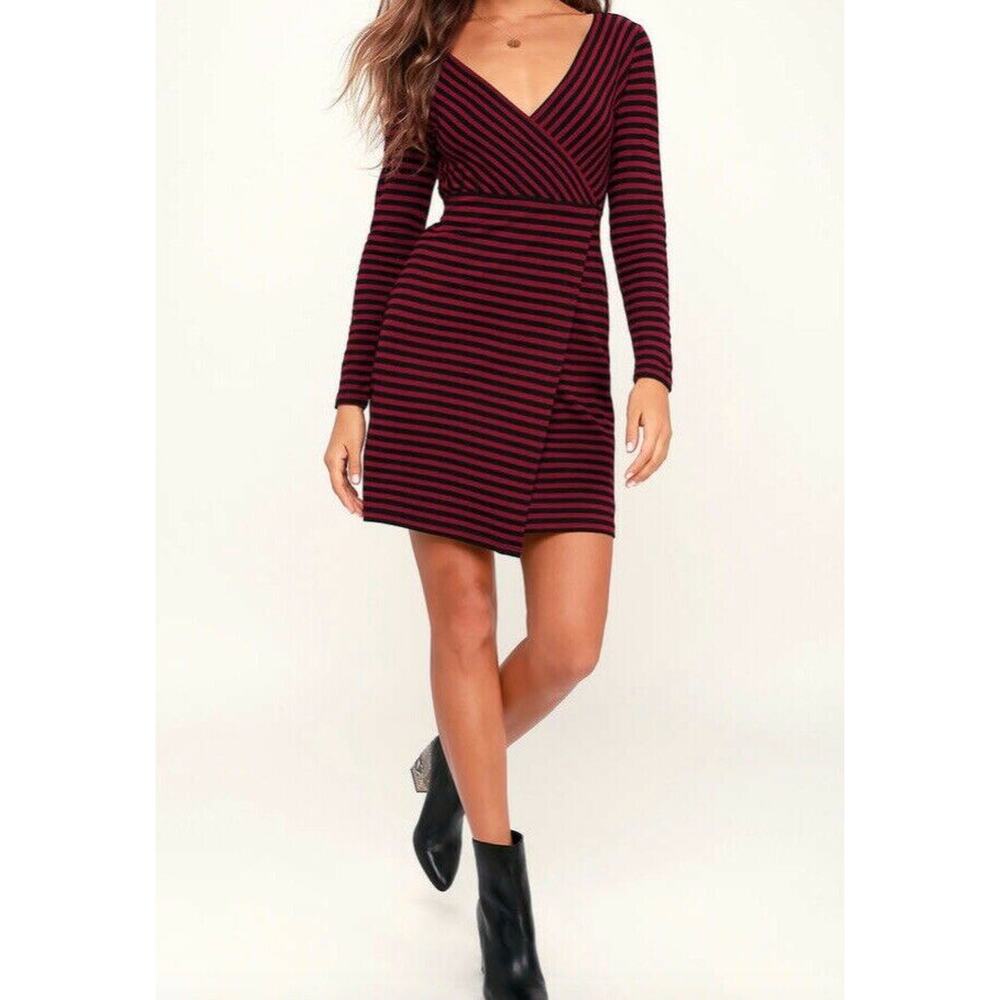 BB Dakota Maroon Black Striped All Day Everyday Wrap V Neck Women's Dress M